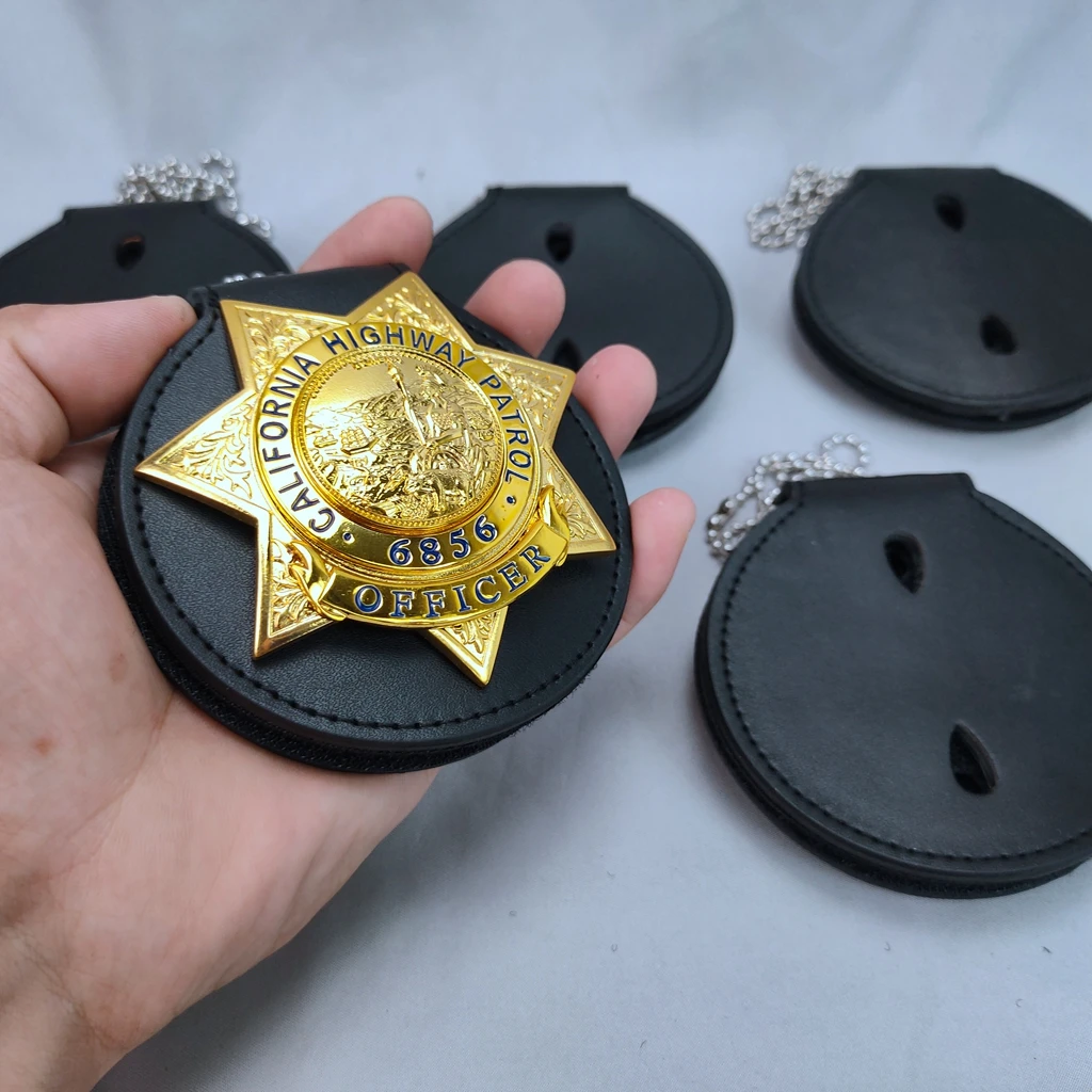 5PCS Us Police Badge Round Holder Leather Belt Clip BLACK Chains Pendant SIZE: 9 cm | Costumes