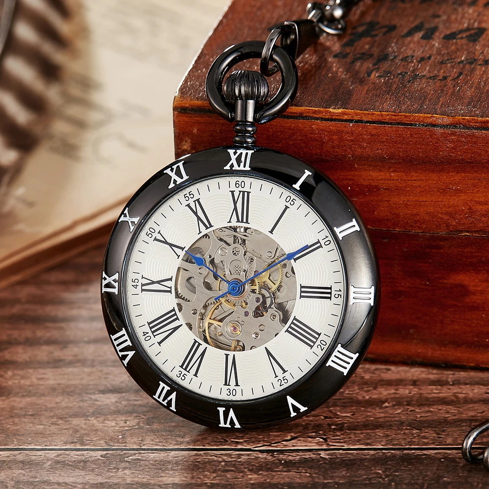 

Classic Mechanical Pocket Watch Skeleton Roman Numerals Dial Stand On Table Black White Fob Chain Clock for Men Dropshipping