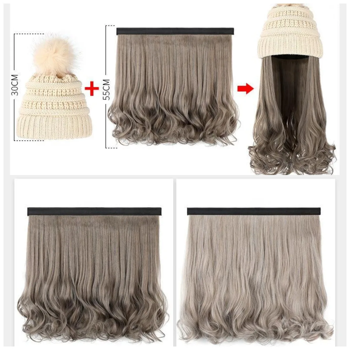 

2021 Hair Extension Long Wavy Hat Wig Heat Resistant Synthetic Hat With Wig Winter Natural Hair Autumn Winter Cap Hair Wig