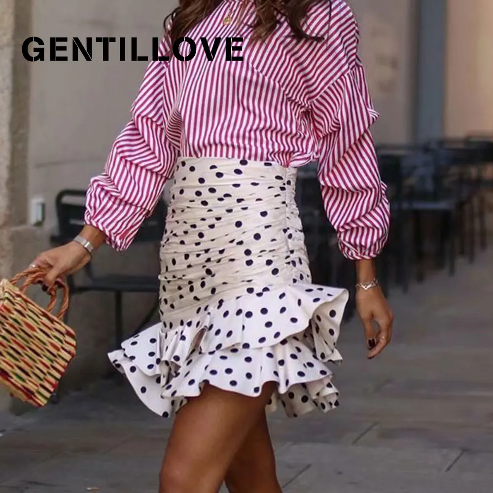 Женская короткая юбка с оборками Gentillove асимметричная в горошек рюшами