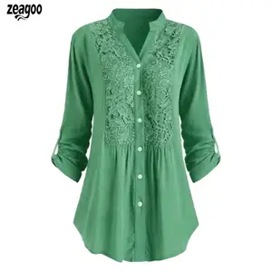 Женская Повседневная кружевная Осенняя блузка с длинным рукавом и цветочным принтом, подставка с воротником, топы