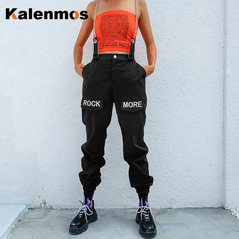 

KALENMOS Black Gothic Korea Style Cargo Pants with Chain Pocket Women High Waist Trousers Wide Leg Femme Winter Fall Streetwear