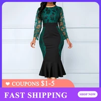 women 2020 green elegant mermaid long sleeve lace maxi dresses plus size high waist sexy hollow out patchwork cocktail dress