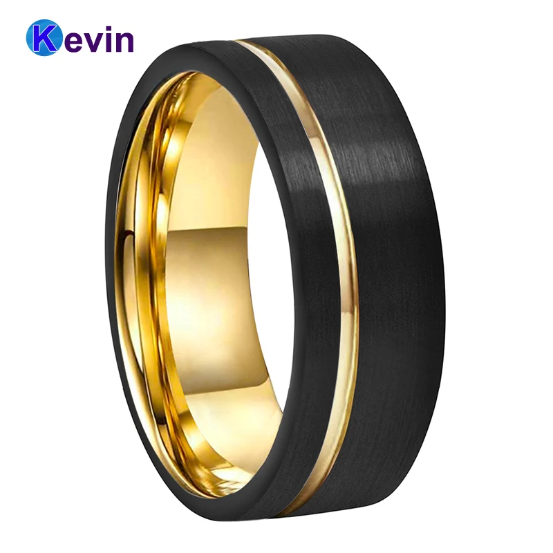 

Men Women Yellow Gold Wedding Band Tungsten Ring Width 8MM With Offset Groove And Comfort Fit