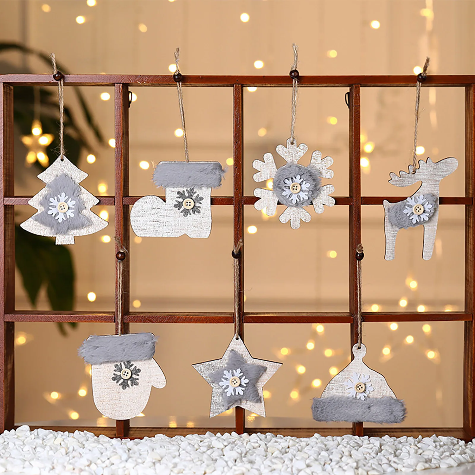 

Christmas Tree Hanging Plush Pendant Decorations Set Xmas Tree Ornaments Gery And White Wooden For Christmas Tree Decoration