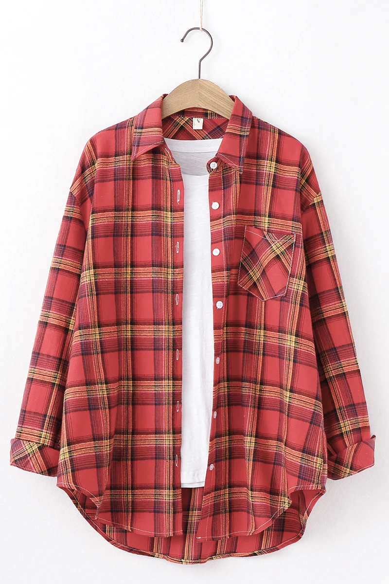 Свободная Повседневная стильная женская рубашка в желтую и красную клетку