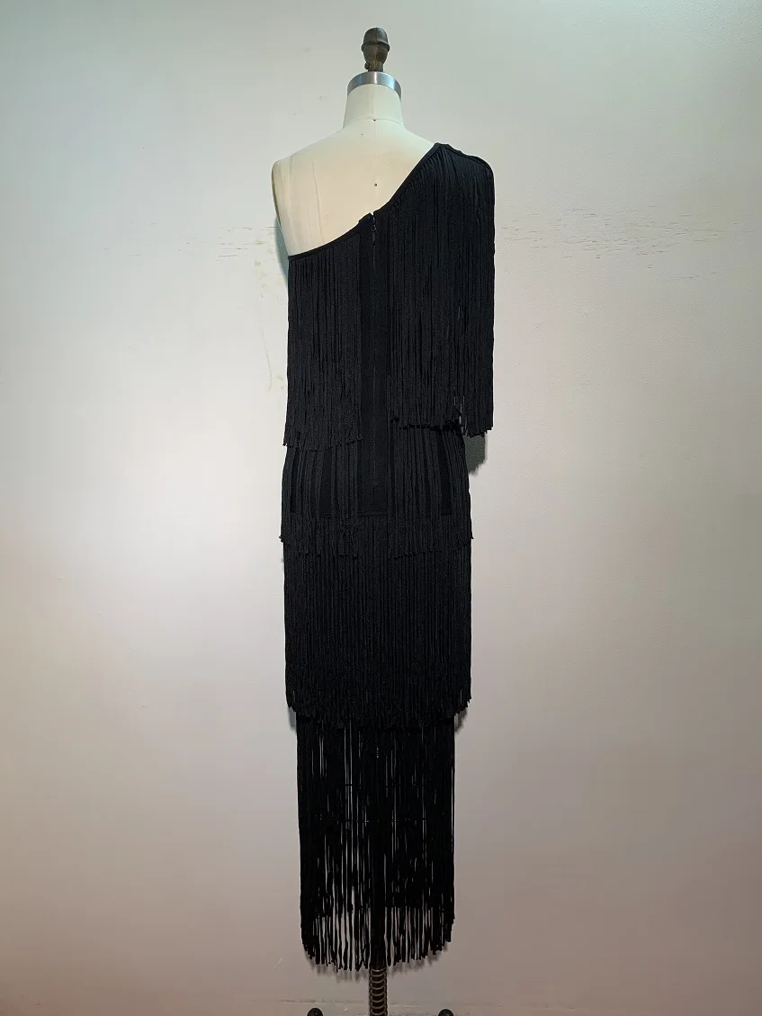 

Elegant Celebrity Party Dress Top Quality One Shoulder Tassel Night Club Long Bandage Dress Pink Sexy Dresses Black