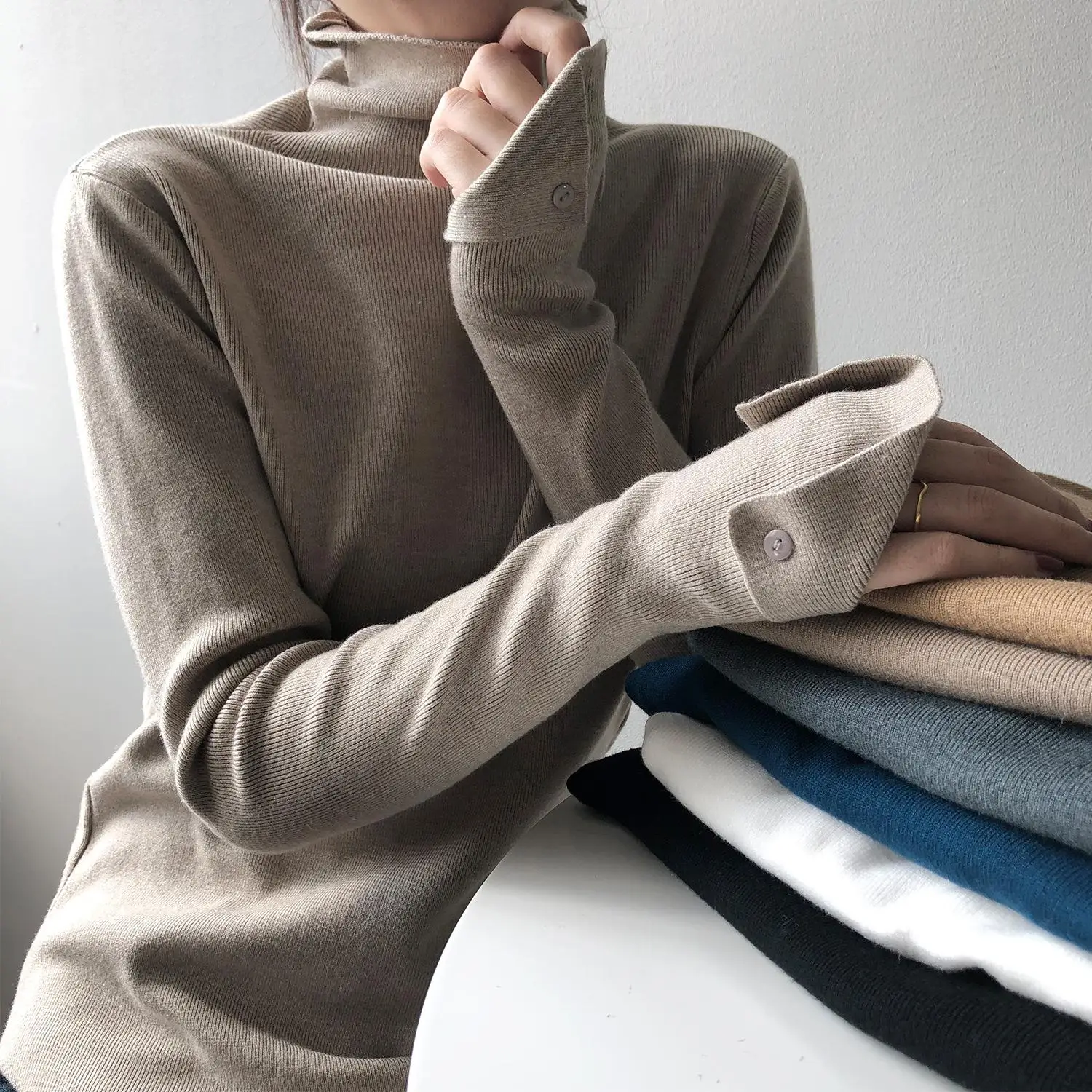 

All-match knit sweater Fall/Winter 2021 outer wear high-neck slim knit sweater Korean fashion women's clothing