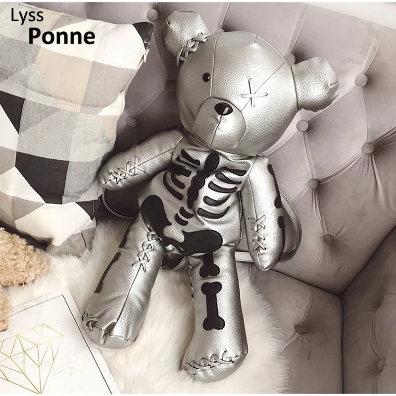

PU Leather School Bags Funny bagpack Skeleton Bear women leather Backpack Punk Gothic Designer Backpacks for Adolescent Gifts
