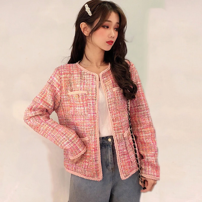 Розовые женские куртки пальто из твида Sequined ткани весна / осень зима новой шерсти