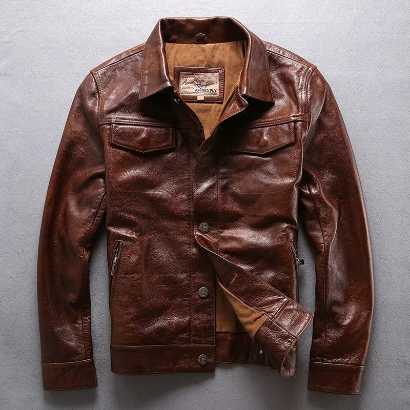 

2022 genuine leather jacket men turn down collar single breasted solid cowskin leather coat men autumn casual jacket men