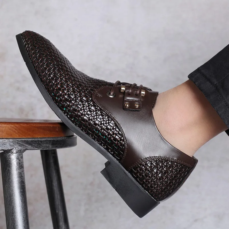

Spring Woven Skin Leather Men Shoes Summer Hollow Breathable Oxfords Shoe Man Casual Slip On Formal Dress Shoes Man Size 37-44