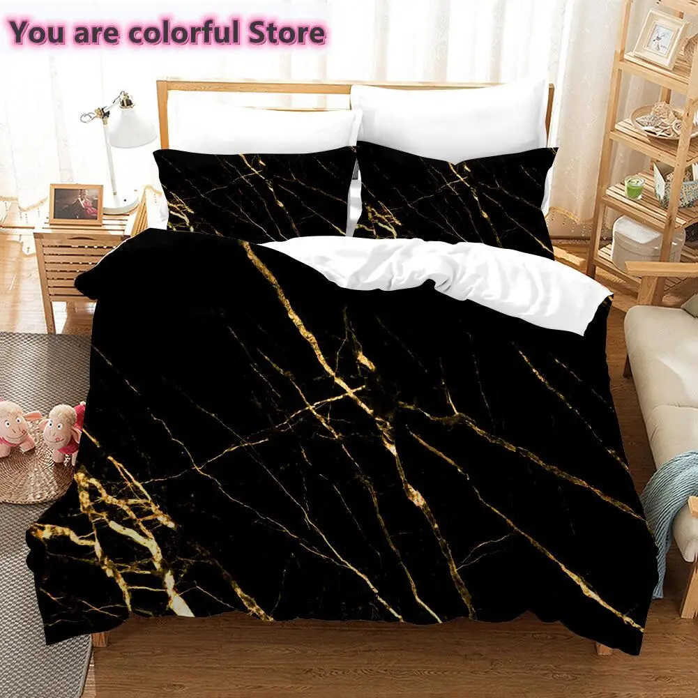 Комплект постельного белья черного цвета с мраморными узорами пододеяльником и