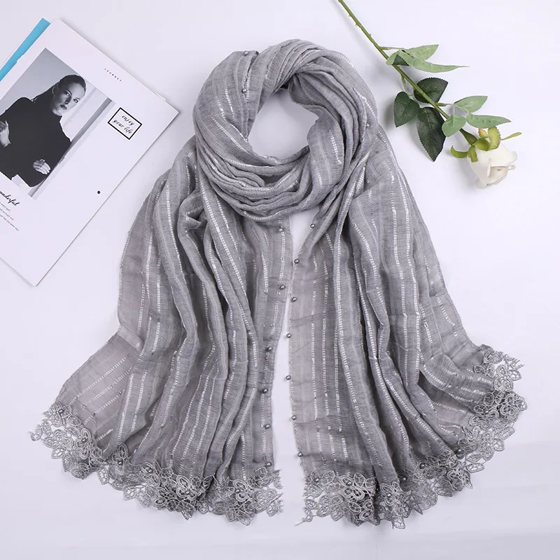 Новый кружевной хлопковый шарф хиджаб длинная шаль с вышитыми бусинами печатная