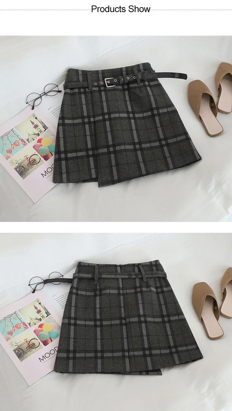 HELIAR Preppy Plaid Woolen Shorts With Pocket Women Sashes Shorts Wide Leg Outwear Shorts Fall Winter Street Shorts Women