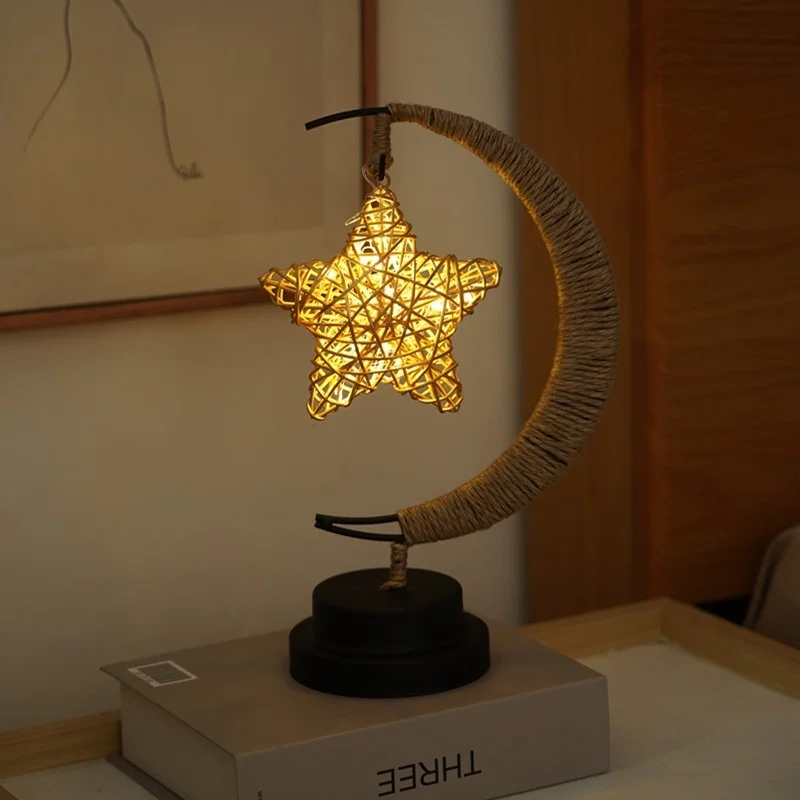 

Led Stars/Moon /Apple /Sepak Takraw /Night Light Christmas Gift Handmade Hemp Rope Wrought Iron Table Lamp Party Room Decoration