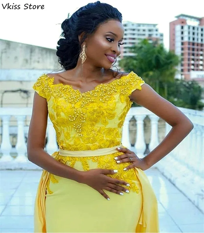 

2021 New Yellow Prom Dress Mermaid Sexy Satin Sweep Train Off Shoulder Applique Evening Dress robe de soirée de mariage платье
