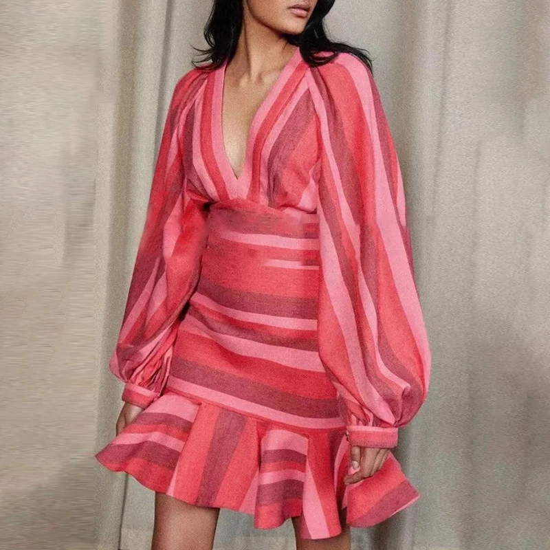 

TWOTWINSTYLE Hit Color Elegant Dress For Women V Neck Long Sleeve High Waist Mini Striped Dresses Female Fashion New Spring Tide
