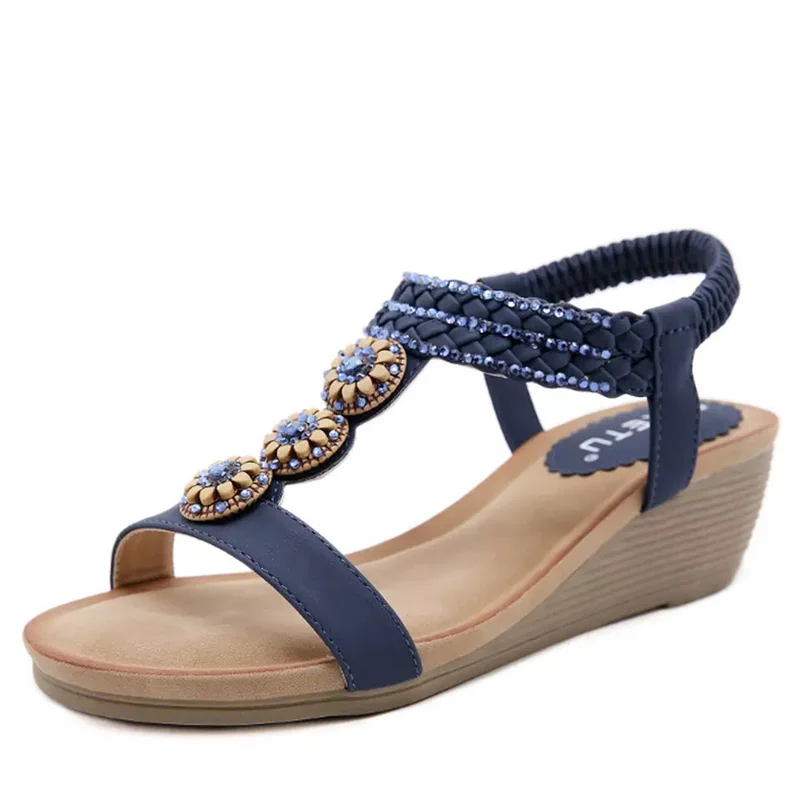 Босоножки женские бейарне на танкетке с деревянными бусинами дышащие однотонные