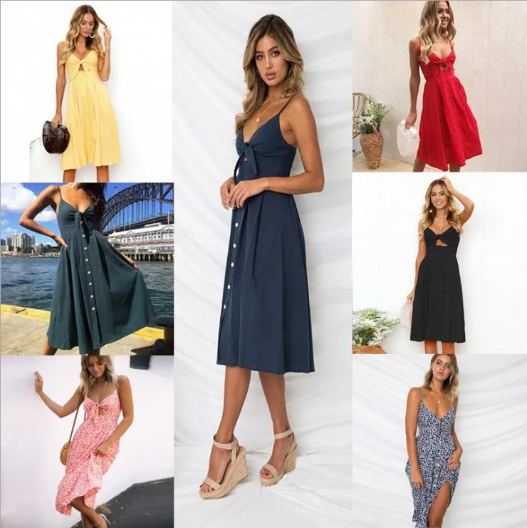2019 I2U новые модные женские платья-летние Спагетти ремень галстук спереди Кнопка