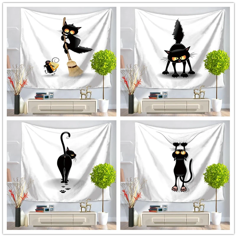 Декоративный гобелен с изображением черной кошки настенное украшение для