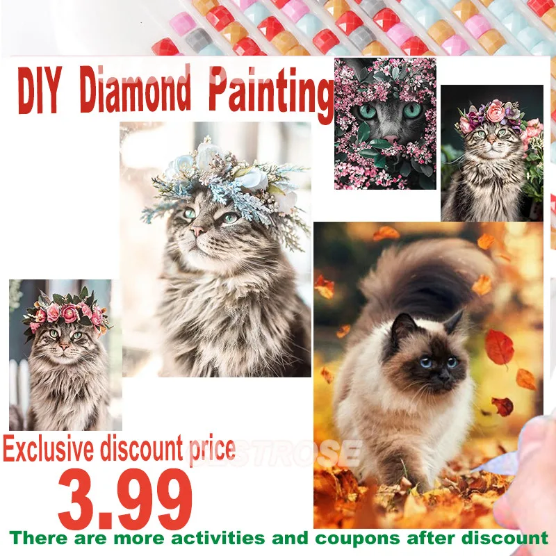 

Animal Diamond Paiting Cross Stitch Kit Gift The Wreath On The Cat's Head Can Be Customized As Bedroom and Living Room Decoratio