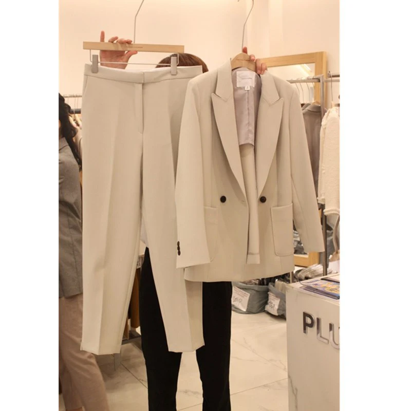 Women 2022 Autumn Winter New 2 Pcs Sets Female Notched Collar Formal Blazer Coats Ladies High Waist Solid Trousers Suits K21