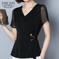 women blouse and tops 2021 black shirts blouses plus size women ladies tops sequined chiffon blouse solid v neck 2882 50