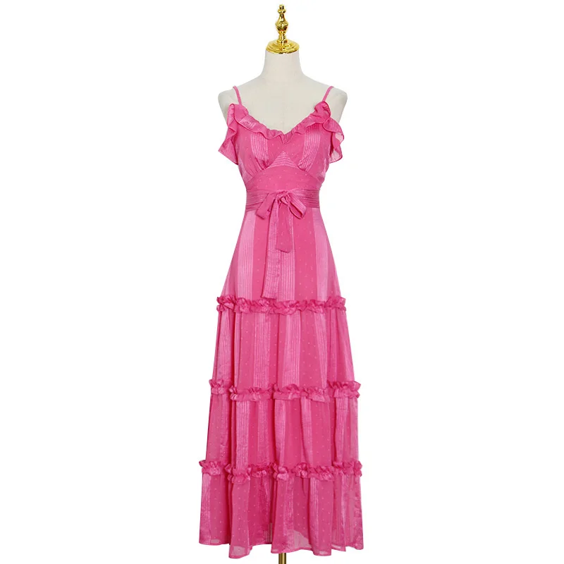 

Baldauren Simple and sexy vacation style 2021 summer personalized sling small lace splicing high waist big swing long dress