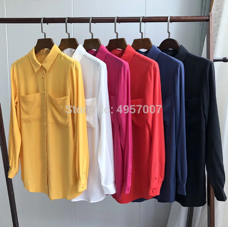 Женская шелковая блузка с длинными рукавами рубашка двойными карманами