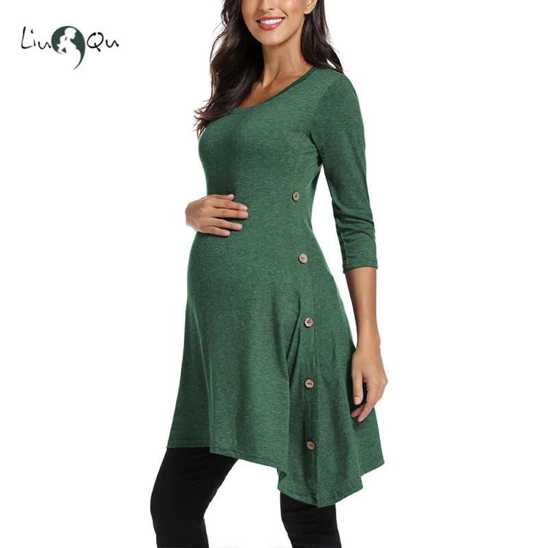 Платье туника с пуговицами на боку для беременных асимметричная зимняя рукавом