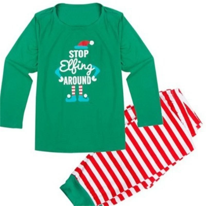Christmas Family Pajamas Set Printed Long Sleeve Top & Stripe Pants Sleepwear Loungewear Men Women Kid Homewear