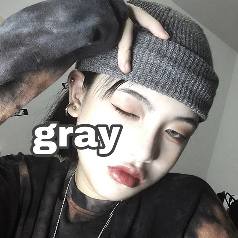 gray Панк крутая женская вязаная шляпа на зиму осень хип-хоп вязаная Студенческая Кепка Базовая хеджирующая громоздкая шапочка бини черный серый фиолетовый - Цвет: gray