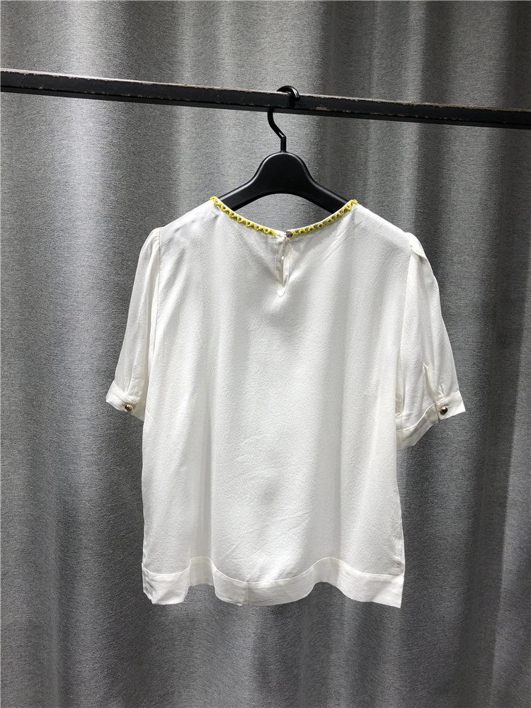 

Tshirt Women 2021 New Summer Products Casual Pure Silk Round Neck Short Sleeve Top Beaded Neckline Back Neckline Button