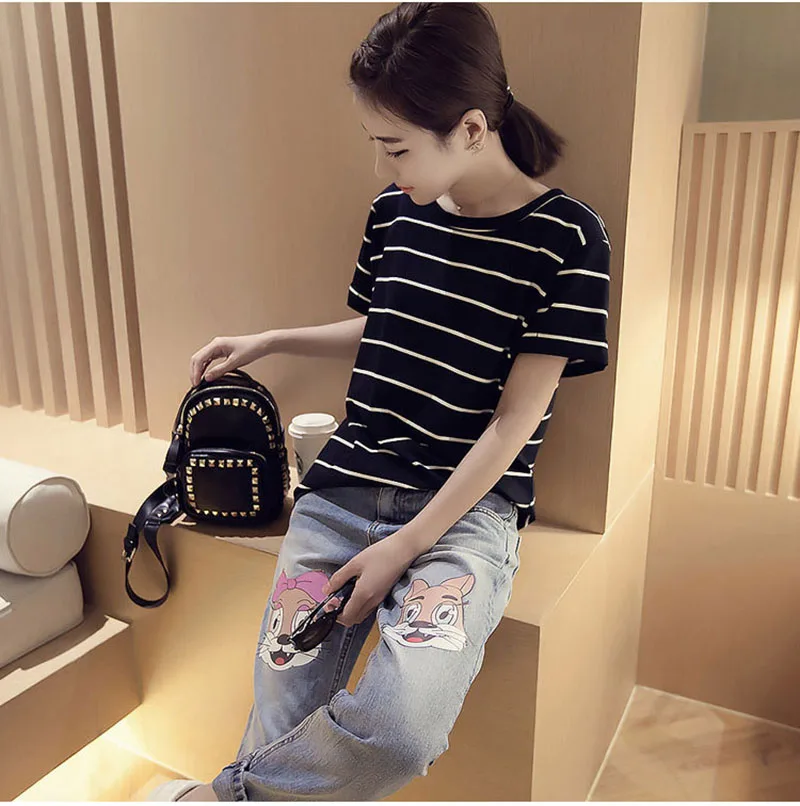 Летняя новинка футболка в полоску с круглым вырезом Женская Повседневная