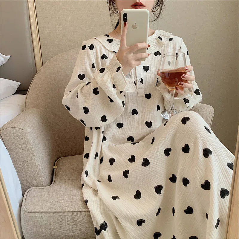 Spring Autumn New Nightdress Women's Korean Cotton Nightgown Baby Collar Mid-Calf Nightwear Home Clothes Sleepwear Night Dress