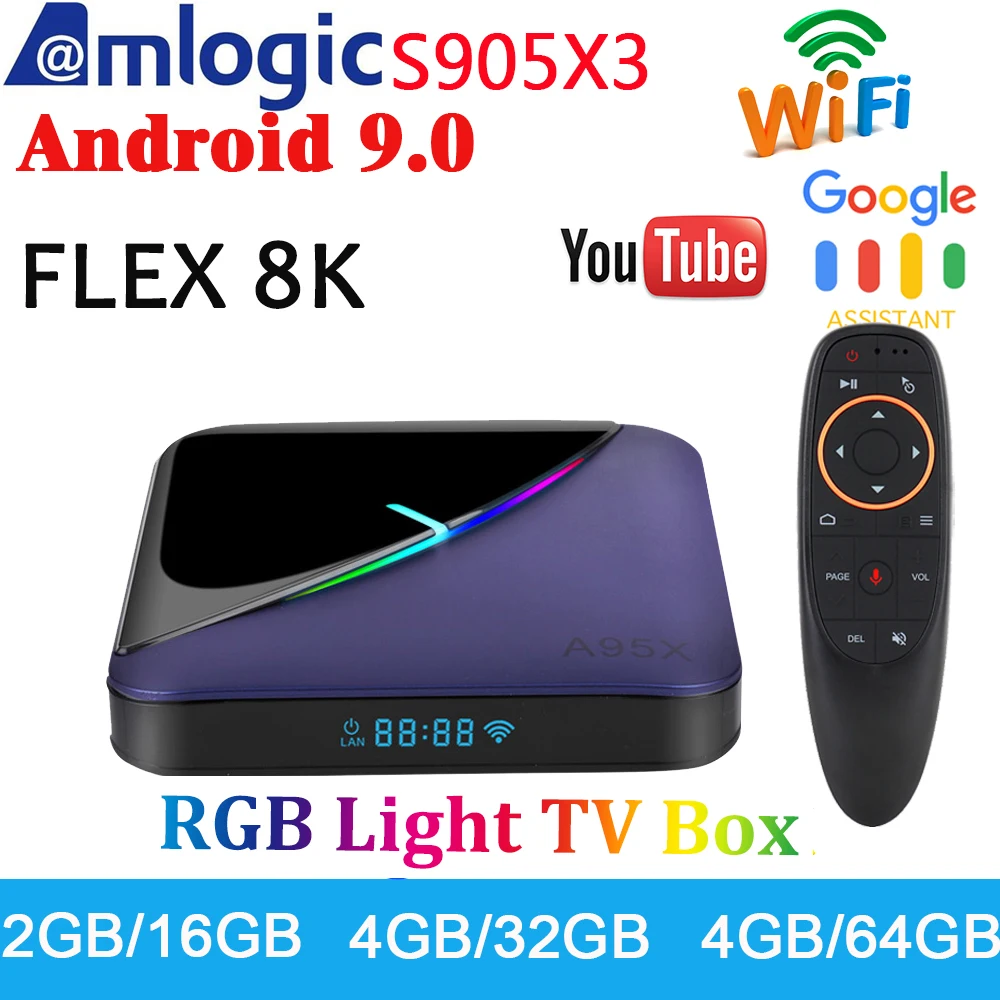 A95X F3 RGB светильник TV Box Android 9 0 Amlogic S905X3 4 Гб 64 Smart box Flex 8k H.265 dual wifi Netflix Media