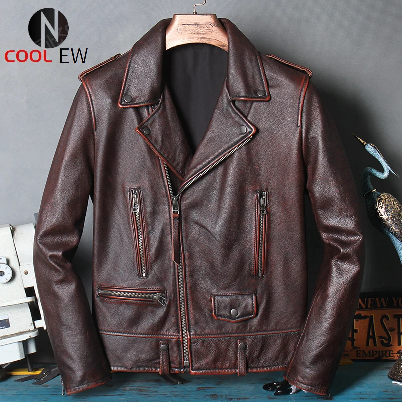 

Free shipping.wholesales.mens vintage red brown leather jacket.classic biker style leather clothes.quality slim cowhide coat