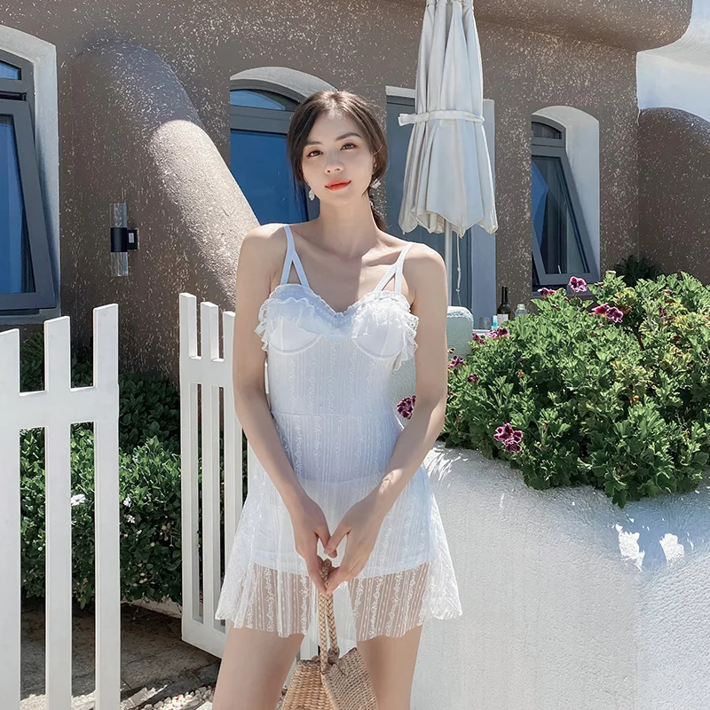 

New 2021 Asia Japan and South Korea Ins One Piece Lace Swimsuit Women V-Neck Backless Hot Spring Young Girl Sexy Swimwear Skirt
