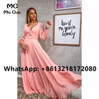 Женское шифоновое вечернее платье до пола, розовое платье с длинным рукавом и глубоким V-образным вырезом для выпускного вечера, 2021