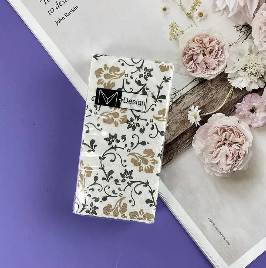 

21 * 21cm, small packet paper towel, black flower, printing, handkerchief paper, facial tissue paper, napkin paper