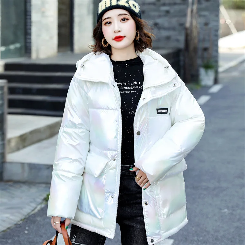 

2021 Winter New Bright Parka Women Zipper Shiny Hooded Parkas Jackets Korean Waterproof Warm Thicken Cotton Coat Female LD2160
