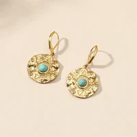 gold stainless steel textured round pendant dangle earring blue stone drop earrings for women 2021 new trendy jewelry