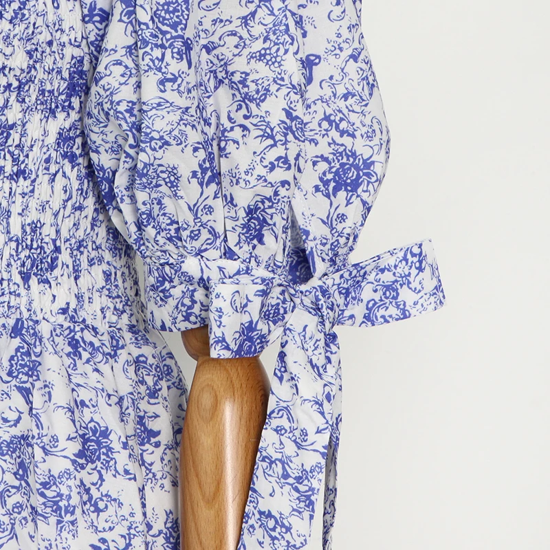 

TWOTWINSTYLE Casual Print Dress For Women Square Collar Puff Half Sleeve High Waist Lace Up Bowknot A Line Mini Dresses Females