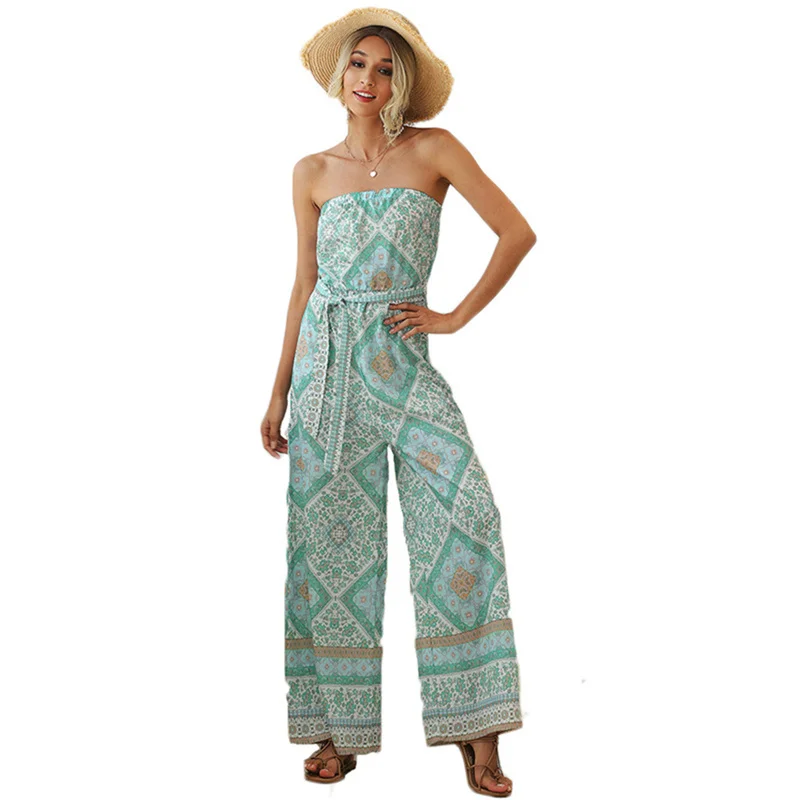

Summer Women Jumpsuit 2021 New Plus Size Wrapped Chest Digital Printing Fashion Tying Band Loose Wide Legs Sexy Jumpsuit GH154