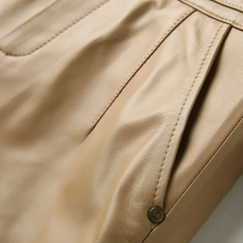 

Double Breasted Genuine Leather Shorts Womens Fashion Split Rivet Pockets High Waist Sheepskin Casual A-Line Wide Leg Shorts