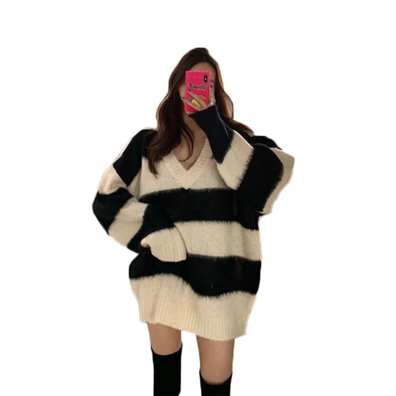 Женский свитер в белую и черную полоску WSYORE свободный трикотажный пуловер с