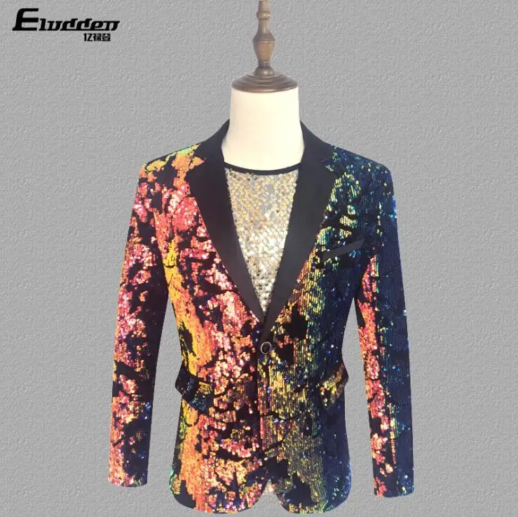 Multicolour sequins blazer men suits designs jacket mens stage costumes for singers clothes personality dance star style dress