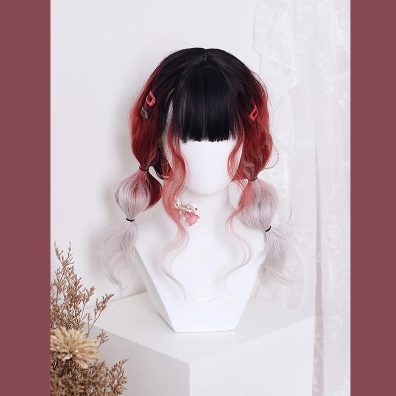 

Женский короткий парик в стиле "Лолита" с градиентными черными и розовыми волнистыми волосами