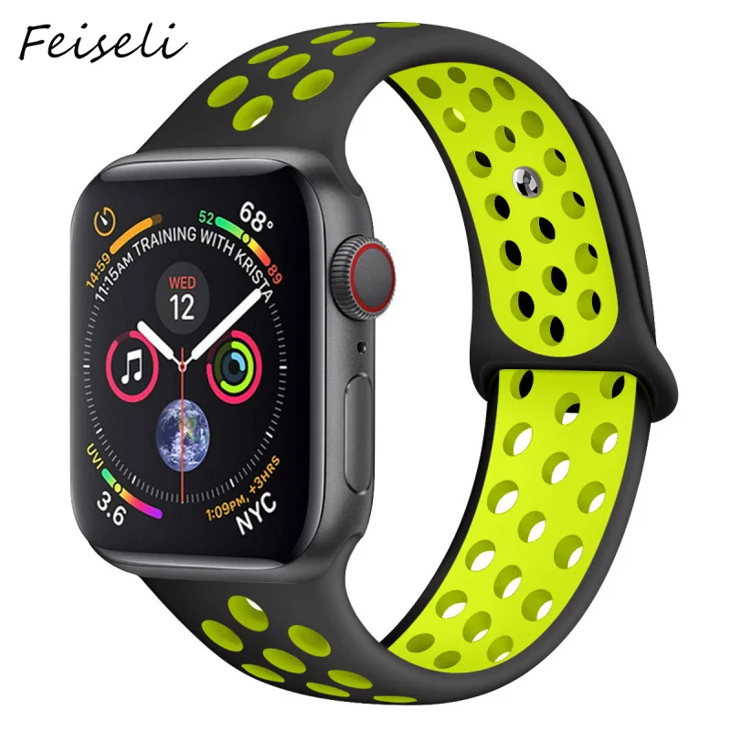 Feiseli для Apple Watch Band 1 2 3 4 5 Спортивные Мягкие силиконовые 38 мм 40 42 44 iwatch сменный